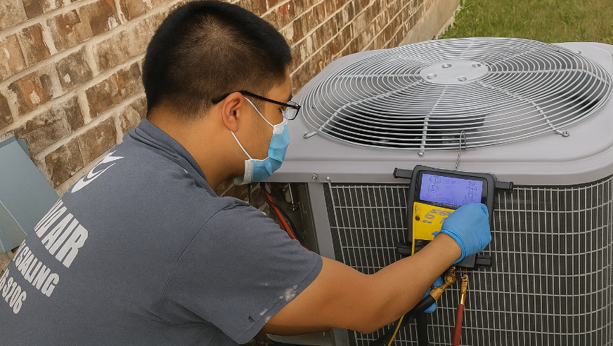 A qualified technician from Legend Air performs a maintenance check on a customer's air conditioner