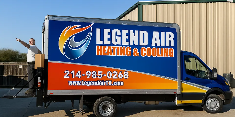 Legend Air HVAC installation technician, standing at the back of the truck excited to begin an air conditioner installation